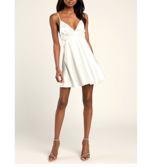 Lulus Happily Yours Ivory Satin Skater Mini Dress Size Medium NWOT - Picture 1 of 5